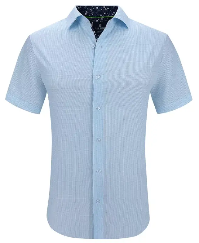 Men's Slim Fit Short Sleeve Performance Stretch Button Down Dress Shirt-Light Blue Dots - 1