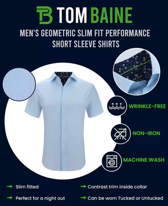 Men's Slim Fit Short Sleeve Performance Stretch Button Down Dress Shirt-Navy Dots - 3