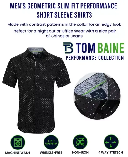 Men's Slim Fit Short Sleeve Performance Stretch Button Down Dress Shirt - White Mini Dot - TOM BAINE (1)