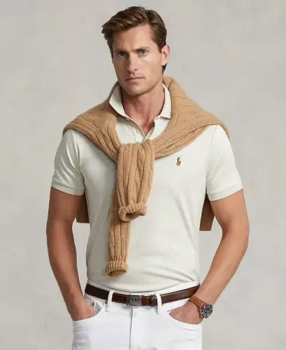 Men’s Slim-Fit Soft Cotton Polo Shirt - Cream Heather 