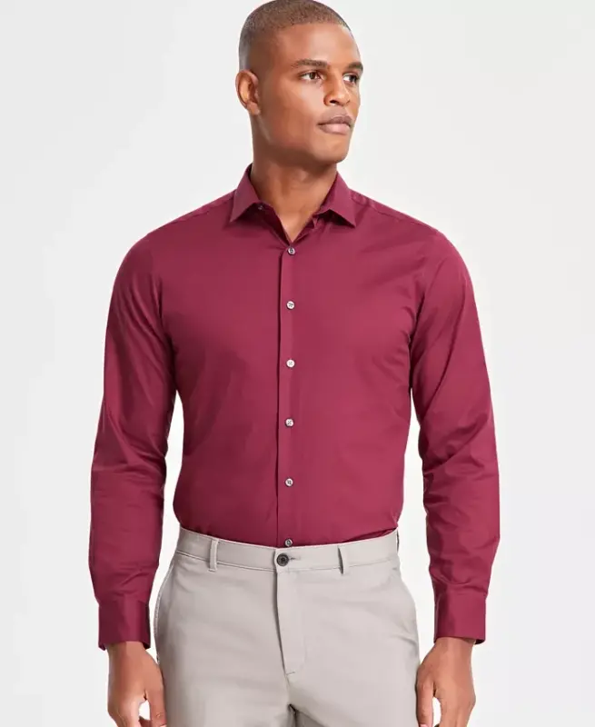 Men's Slim-Fit Solid Dress Shirt, Created for Modazone-Maroon Banner - 1
