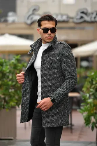 Men's Slim Fit Stand Collar Long Wool Blend Light Patterned Overcoat - Gray Light Patterned - 1