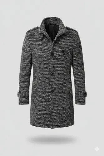 Men's Slim Fit Stand Collar Long Wool Blend Light Patterned Overcoat - Gray Light Patterned - MERO LIFE (1)