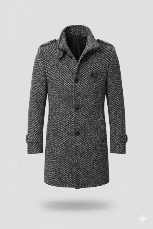 Men's Slim Fit Stand Collar Long Wool Blend Light Patterned Overcoat - Gray Light Patterned - 2