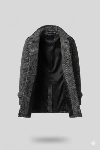 Men's Slim Fit Stand Collar Long Wool Blend Light Patterned Overcoat - Gray Light Patterned - 3