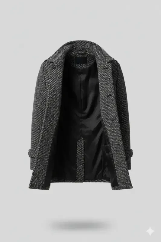 Men's Slim Fit Stand Collar Long Wool Blend Light Patterned Overcoat - Gray Light Patterned - 3