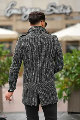 Men's Slim Fit Stand Collar Long Wool Blend Light Patterned Overcoat - Gray Light Patterned - 7
