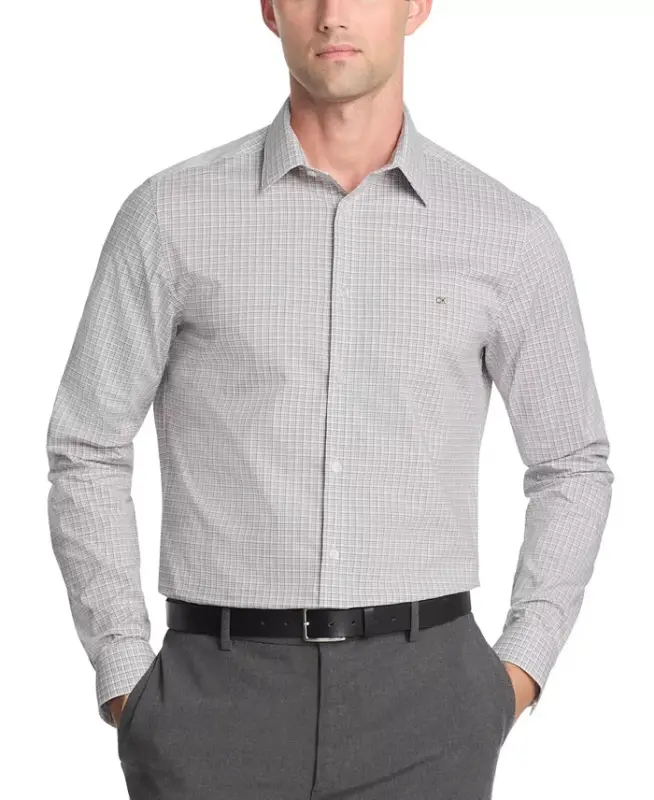 Men's Slim-Fit Stretch Dress Shirt, Online Exclusive Created for Modazone - Tan Grid - 1