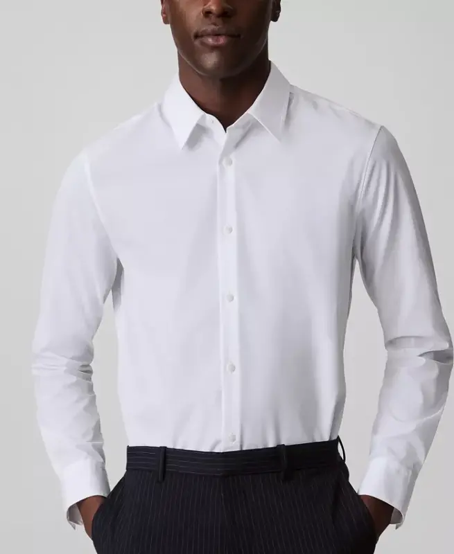 Men's Slim Fit Supima Stretch Long Sleeve Button-Front Shirt-Brilliant White - CALVIN KLEIN