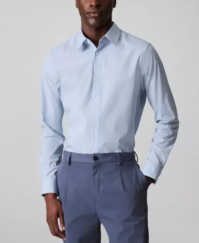 Men's Slim-Fit Supima Stretch Long Sleeve Button-Front Shirt - Light Blue - CALVIN KLEIN