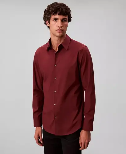 Men's Slim-Fit Supima Stretch Long-Sleeve Button-Front Shirt - Wine Red - 3