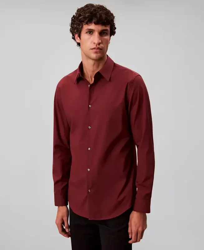 Men's Slim-Fit Supima Stretch Long-Sleeve Button-Front Shirt - Wine Red - 3