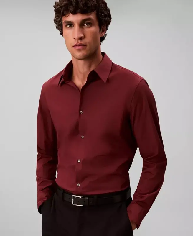 Men's Slim-Fit Supima Stretch Long-Sleeve Button-Front Shirt - Wine Red - 4