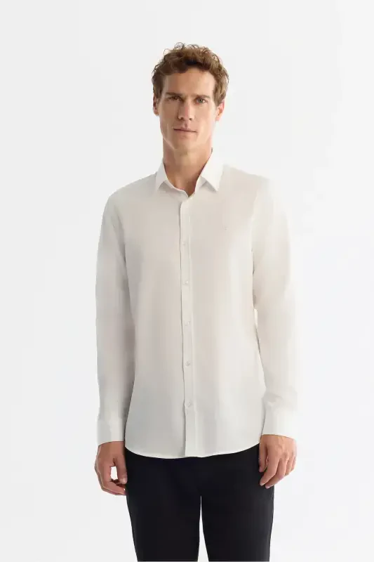 Men's Slim Fit White Easy Iron 100% Cotton Satin Shirt B002006-White - AVVA