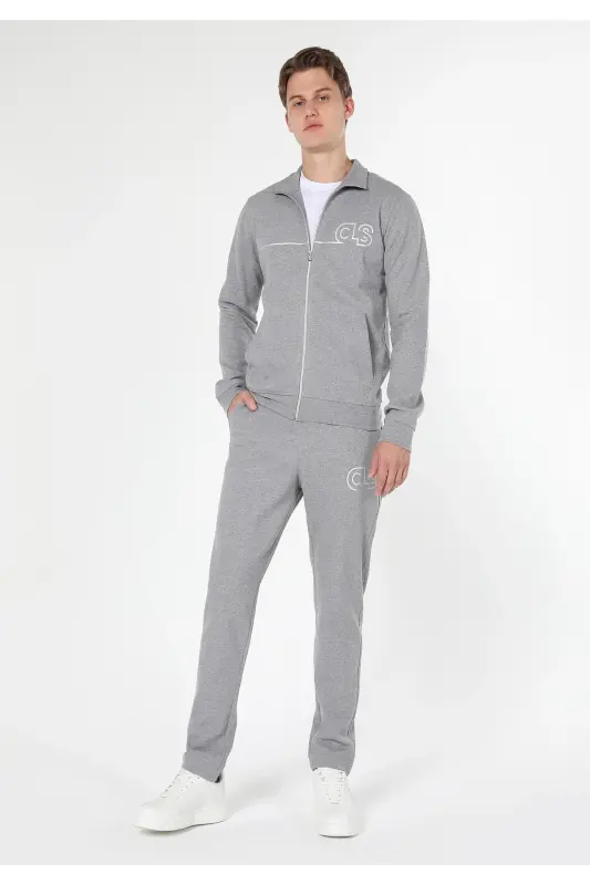 Men's slim fit, zippered, printed, gray jacket (Cl1059647) - 1