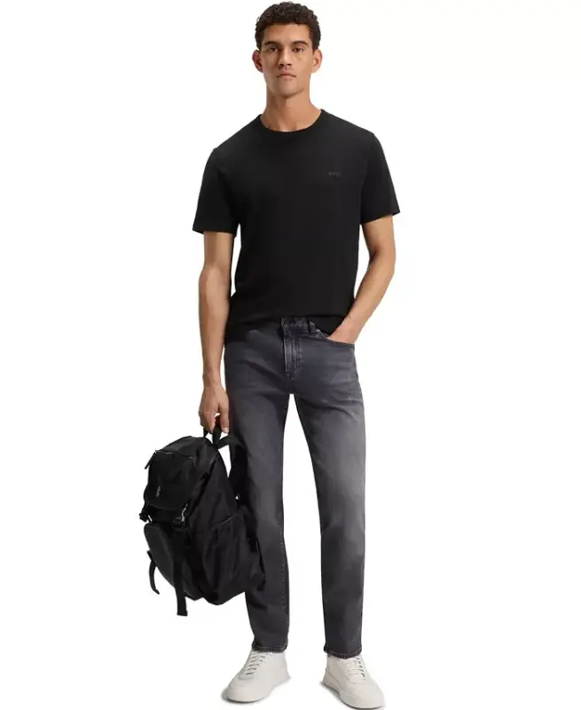 Men's Slub-Cotton Logotip Tafsilotli Futbolka-Qora - 3