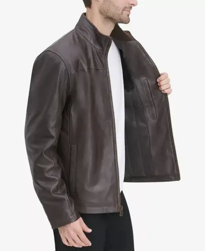 Men's Smooth Leather Jacket, Created for Modazone-Brown - 6