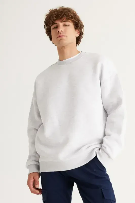 Men's Snow Melange Oversize Fit Loose Fit Cotton Fleece Lined 3 Thread Crew Neck Sweatshirt - SNOW MELANGE - 1