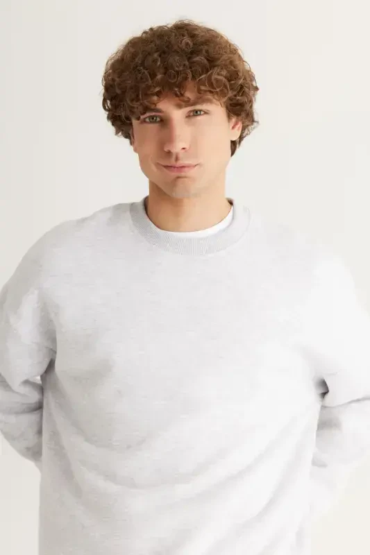 Men's Snow Melange Oversize Fit Loose Fit Cotton Fleece Lined 3 Thread Crew Neck Sweatshirt - SNOW MELANGE - 2