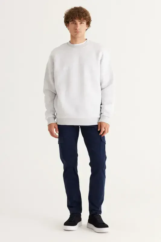 Men's Snow Melange Oversize Fit Loose Fit Cotton Fleece Lined 3 Thread Crew Neck Sweatshirt - SNOW MELANGE - 4