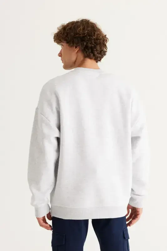 Men's Snow Melange Oversize Fit Loose Fit Cotton Fleece Lined 3 Thread Crew Neck Sweatshirt - SNOW MELANGE - 5