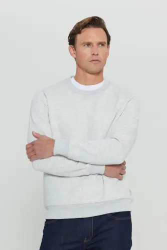 Men's Snow Melange Standard Fit Regular Cut Fleece Lined 3-Thread Crew Neck Sweatshirt - SNOW MELANGE - 4