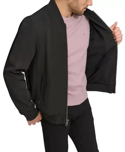 Men's Solid-Color Zipper Flight Jacket-Black - 3