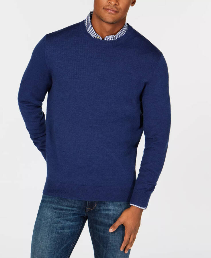 Men's Solid Crew Neck Merino Wool Blend Sweater, Created for Modazone - Crew Blue - 1