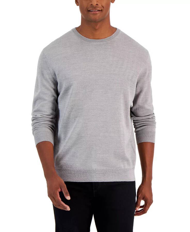 Men's Solid Crew Neck Merino Wool Blend Sweater, Created for Modazone - Smoke Heather - 1