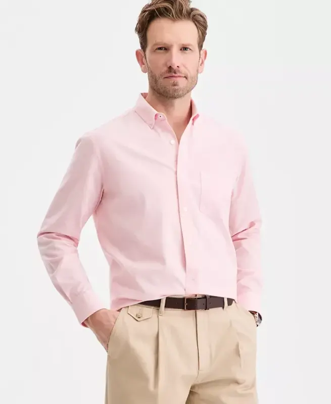 Men's Solid Stretch Oxford Cotton Shirt, Created for Modazone - Solid Oxford - Pink Streak - 1