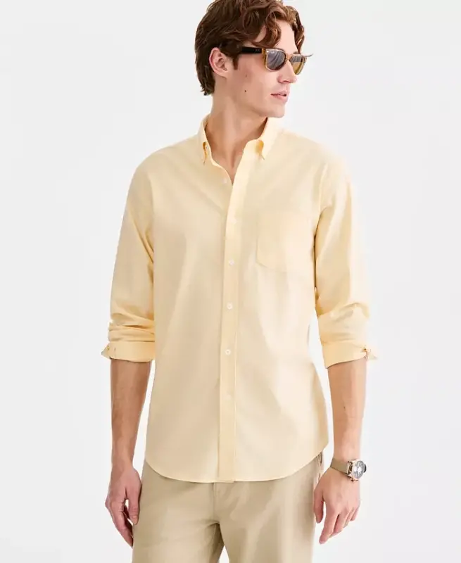 Men's Solid Stretch Oxford Cotton Shirt, Created for Modazone - Solid Oxford - Sunwash Yellow - 1