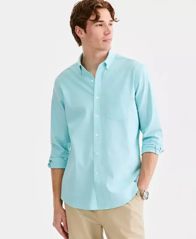 Men's Solid Stretch Oxford Cotton Shirt, Created for Modazone - Solid Oxford - Tibetan Stone - CLUB ROOM