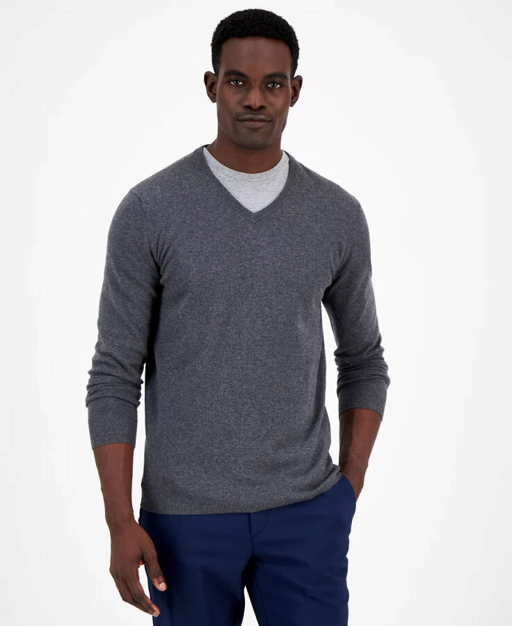 Men's Solid V-Neck Cotton Sweater, Created for Modazone Charcoal Heather - 1