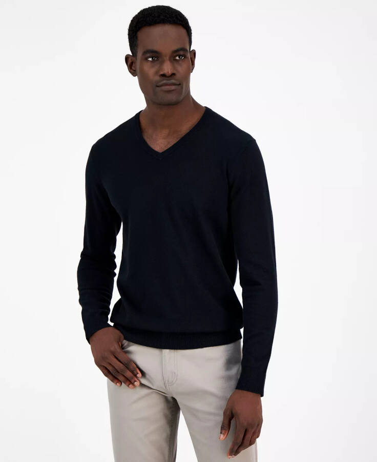 Men's Solid V-Neck Cotton Sweater, Created for Modazone Deep Black - 1