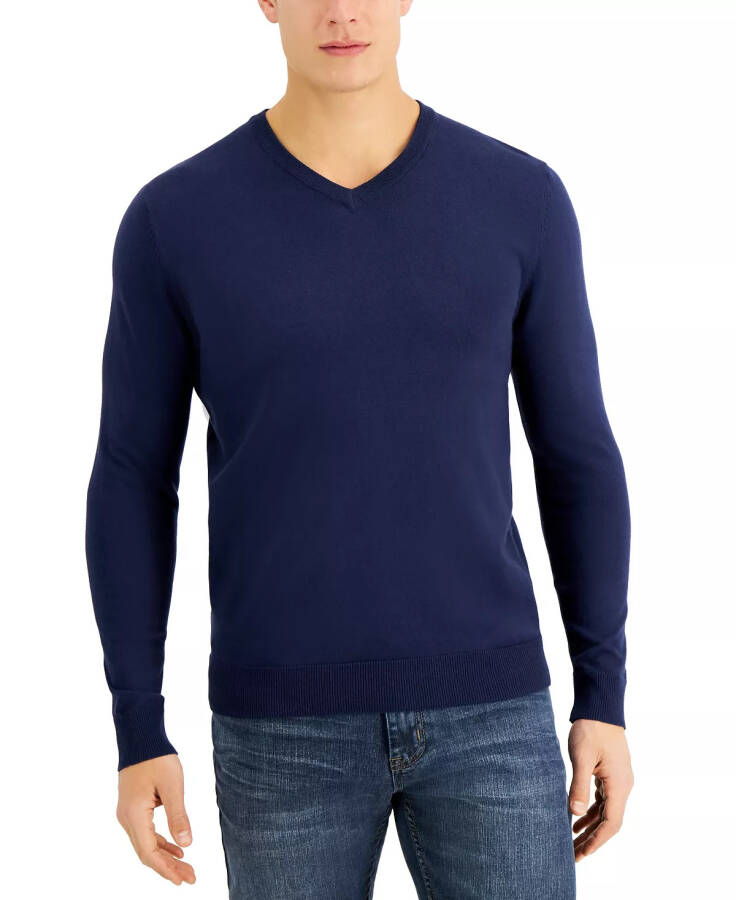 Men's Solid V-Neck Cotton Sweater, Created for Modazone - Neo Navy - 5