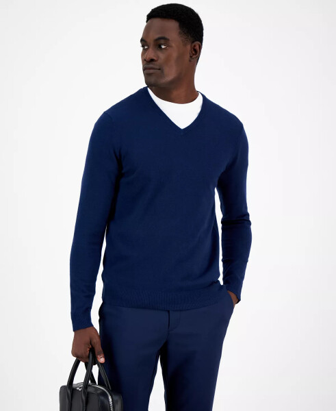 Men's Solid V-Neck Cotton Sweater, Created for Modazone - Neo Navy - 1