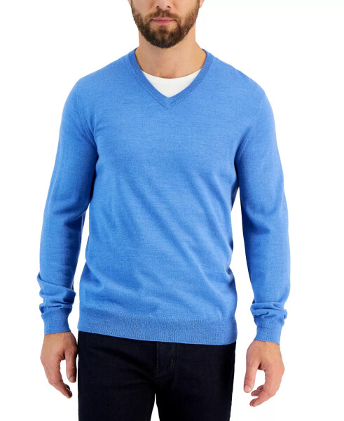 Men's Solid V-Neck Merino Wool Blend Sweater, Created for Modazone Wedgewood Heather - 1