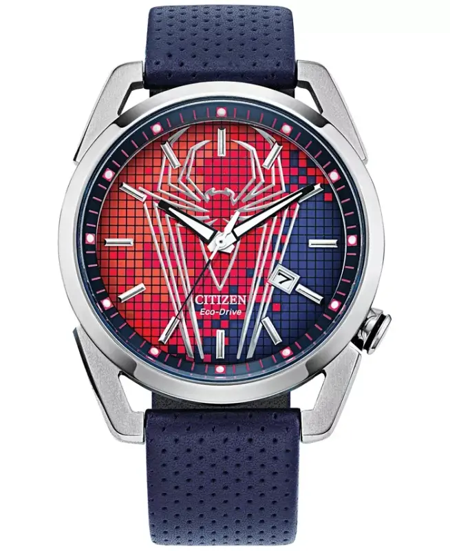 Men's Spider-Man Blue Leather Strap Watch 42mm-Blue - CITIZEN