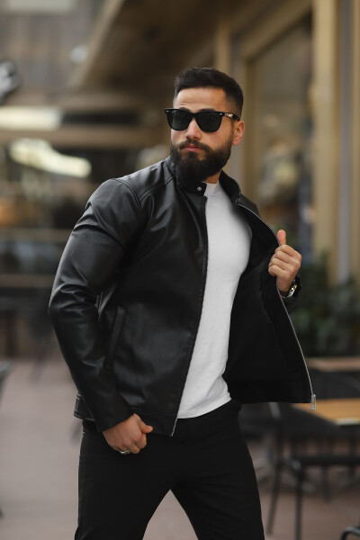 Men's Stand Collar Leather Jacket - 1