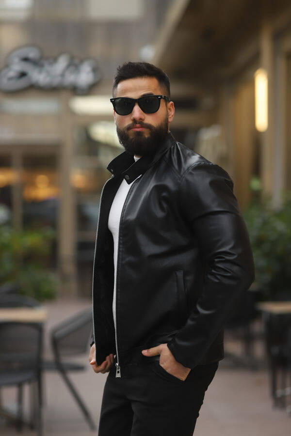 Men's Stand Collar Leather Jacket - 2