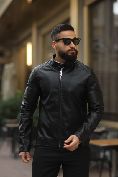 Men's Stand Collar Leather Jacket - 3