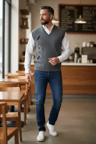 Men's Steel Knit Interlock Winter Thick Knit V-Neck Knit Sweater Non-Pilling Dad Sweater - 5