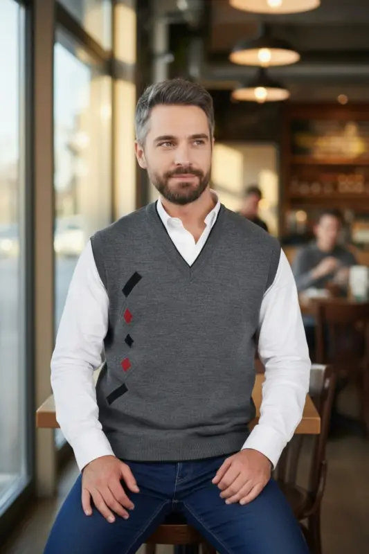 Men's Steel Knit Interlock Winter Thick Knit V-Neck Knit Sweater Non-Pilling Dad Sweater - 4