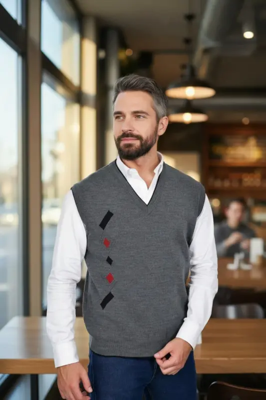 Men's Steel Knit Interlock Winter Thick Knit V-Neck Knit Sweater Non-Pilling Dad Sweater - 7