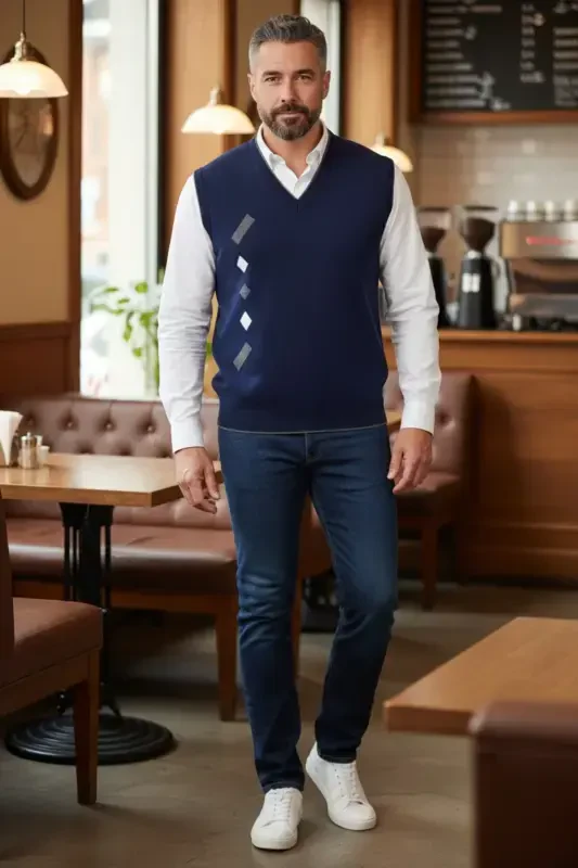 Men's Steel Knit Interlock Winter Thick Knit V-Neck Knit Sweater Non-Pilling Father Sweater - KAMALI