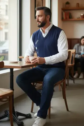 Men's Steel Knit Interlock Winter Thick Knit V-Neck Knit Sweater Non-Pilling Father Sweater - 3