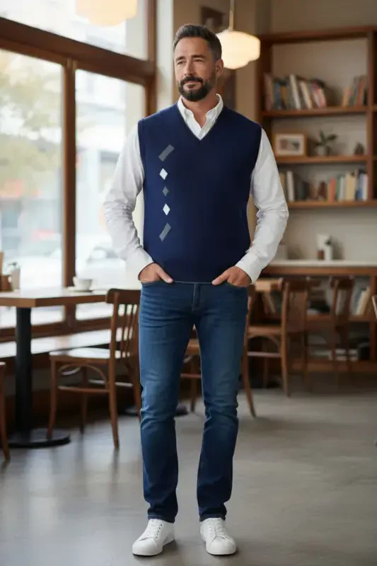 Men's Steel Knit Interlock Winter Thick Knit V-Neck Knit Sweater Non-Pilling Father Sweater - 4