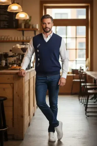 Men's Steel Knit Interlock Winter Thick Knit V-Neck Knit Sweater Non-Pilling Father Sweater - 5