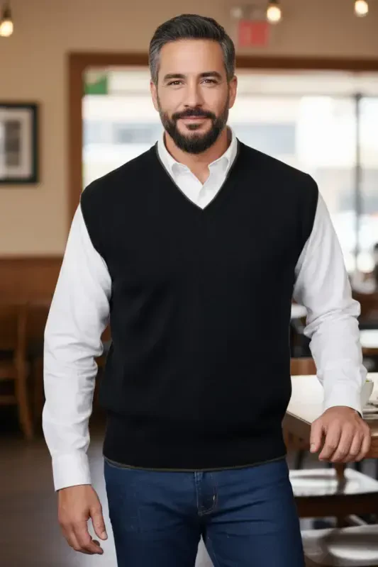 Men's Steel Knit Interlock Winter Thick Knit V-Neck Knitted Non-Pilling Dad Sweater Oversize - KAMALI