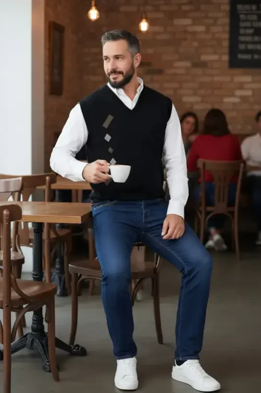 Men's Steel Knit Interlock Winter Thick Knit V-Neck Sweater Non-Pilling Dad Sweater - 5